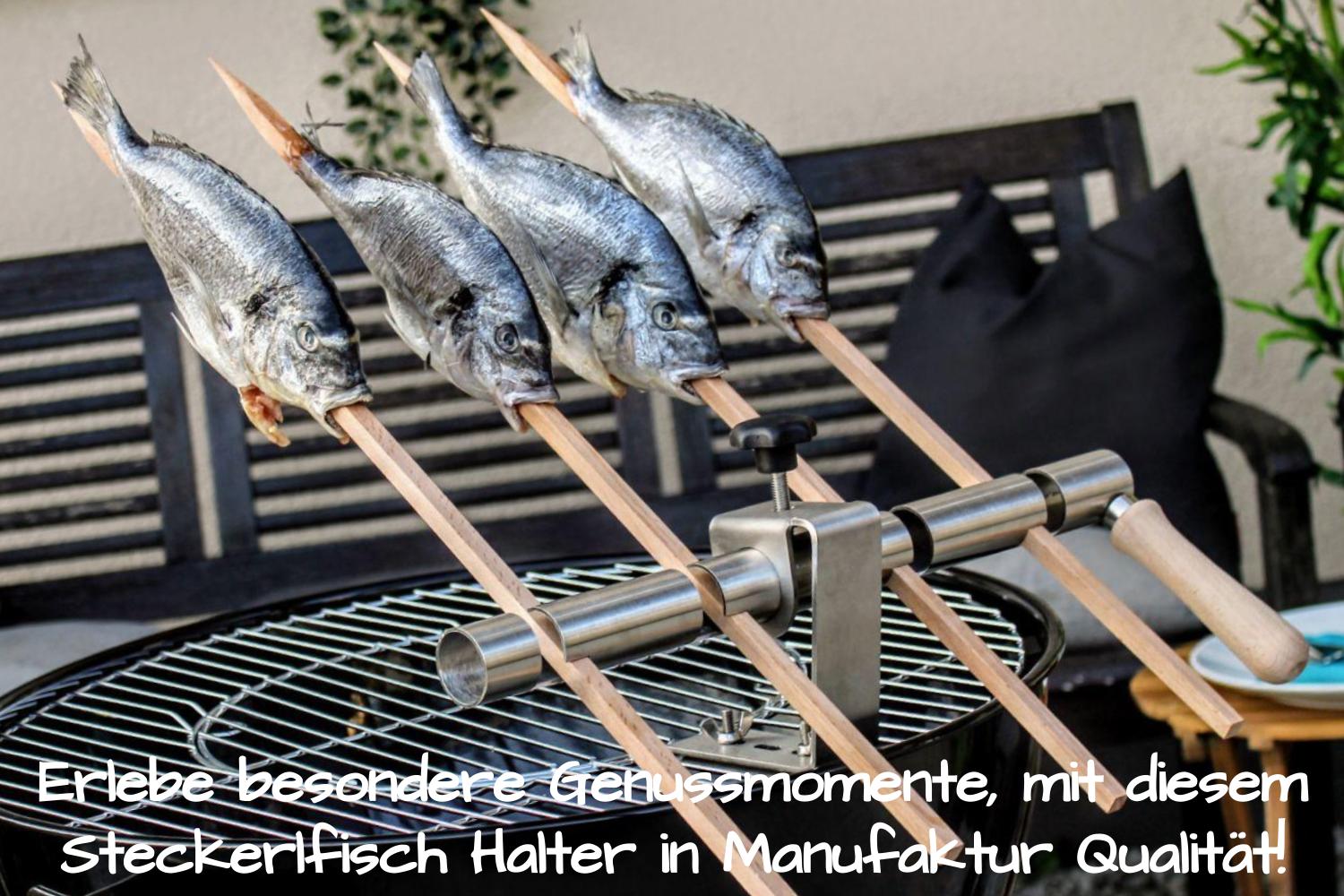 Steckerlfisch Grillaufsatz für 4 Fische I Holzspieß I Gas-und Kohlegrill