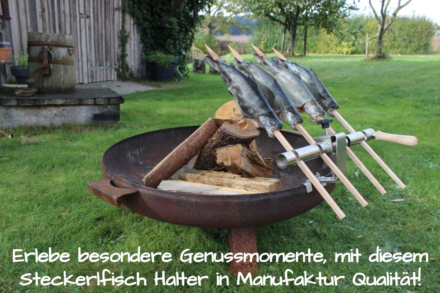 Steckerlfisch Grillaufsatz für 4 Fische I Holzspieß I Feuerschale