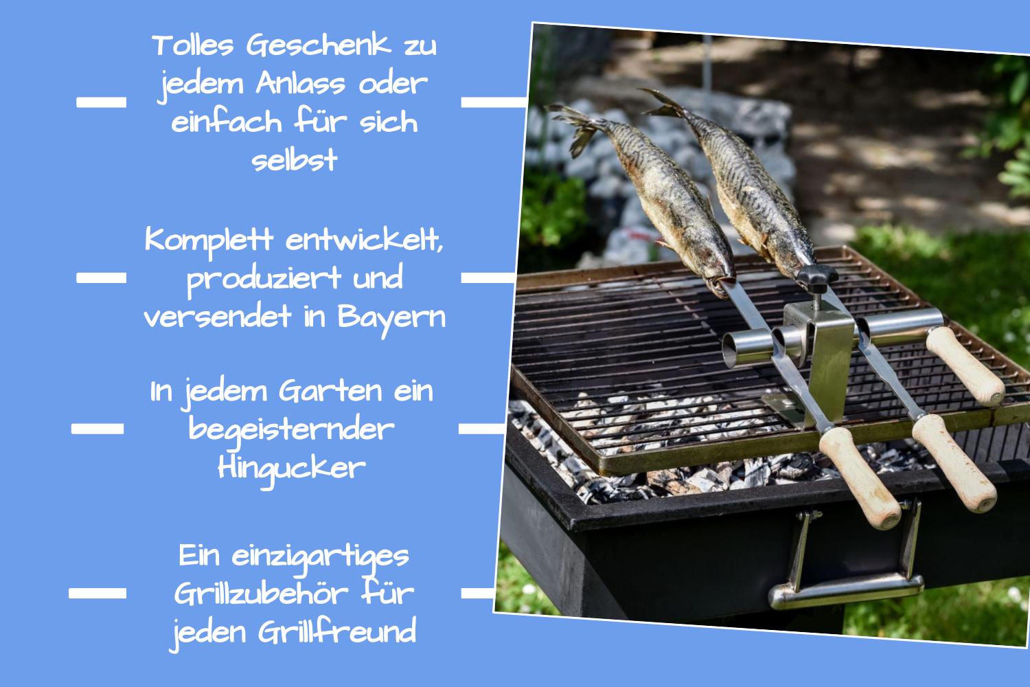 Steckerlfisch Grillaufsatz für 2 Fische I Edelstahlspieß I Gas- und Kohlegrill