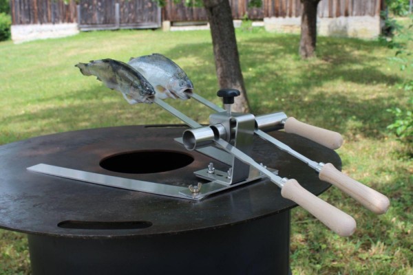 Steckerfisch Halter für 2 Fische I Edelstahlspieß I mit Standfuß für Grillplatten