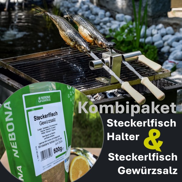 Steckerlfisch Grillaufsatz 2 Edelstahlspieße +  Steckerlfisch Gewürzsalz als Product Bundle