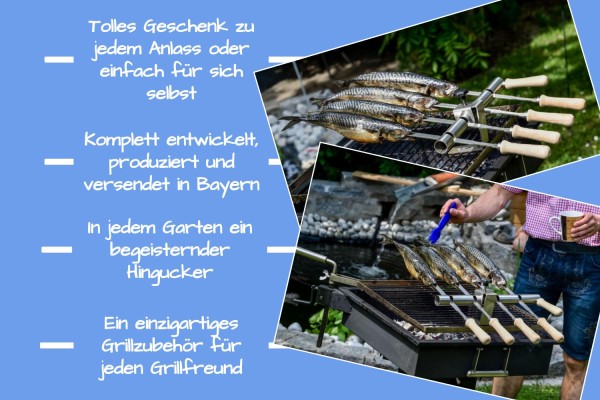 Steckerlfisch Grillaufsatz für 4 Fische I Edelstahlspieß I Gas- und Kohlegrill