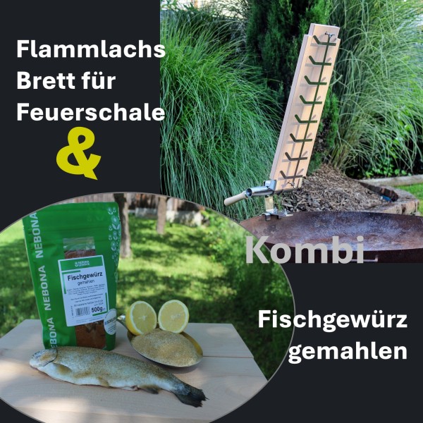 Flammlachsbrett 600x180mm für Feuerschale + Fischgewürz gemahlen 500 Gramm  in Kombi