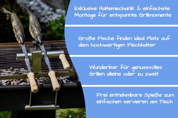 Steckerlfisch Grillaufsatz für 2 Fische I Edelstahlspieß I Gas- und Kohlegrill