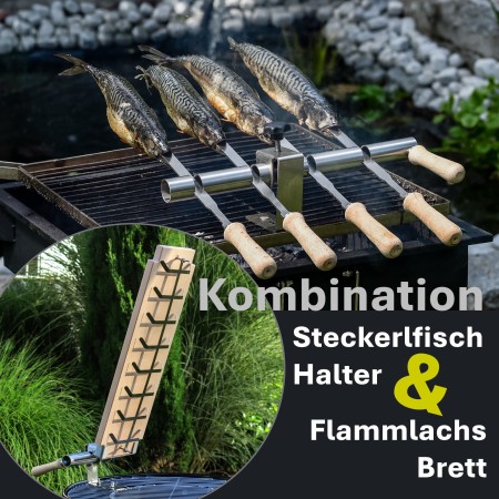 Steckerlfisch Grillaufsatz 4 Edelstahlspieße + Flammlachsbrett im Kombipaket