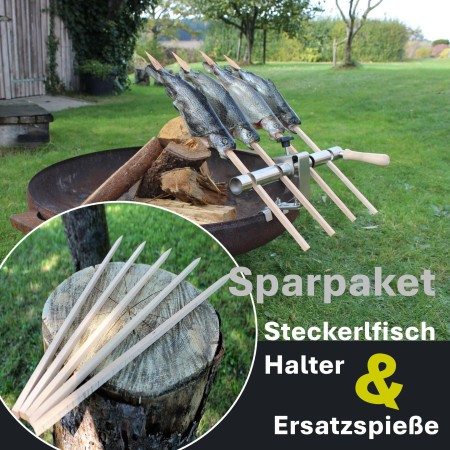 Steckerlfisch Halter für Feuerschale 4 Holzspieße + 5 Ersatzspieße im Sparpaket