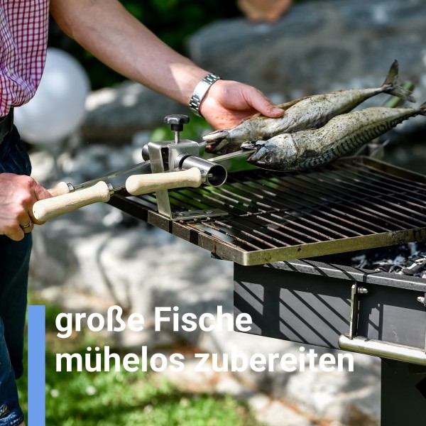 Steckerlfisch Grillaufsatz für 2 Fische I Edelstahlspieß I Gas- und Kohlegrill